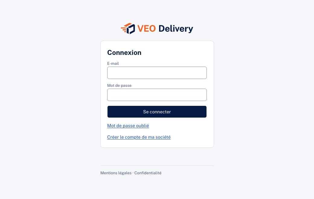 L’écran de connexion de l’application VEO Delivery.