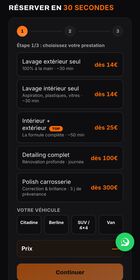 La réservation en ligne de LRK Auto Solution sur téléphone : le choix de la prestation et son prix.
